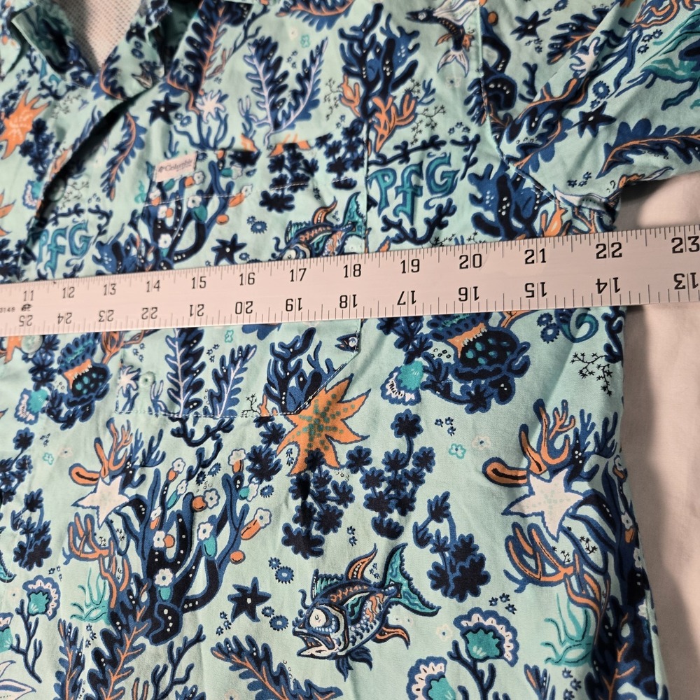 COLUMBIA PFG Shirt Short Sleeve Button-Up Ocean Print Vented Shirt M Fishing - Picture 4 of 9